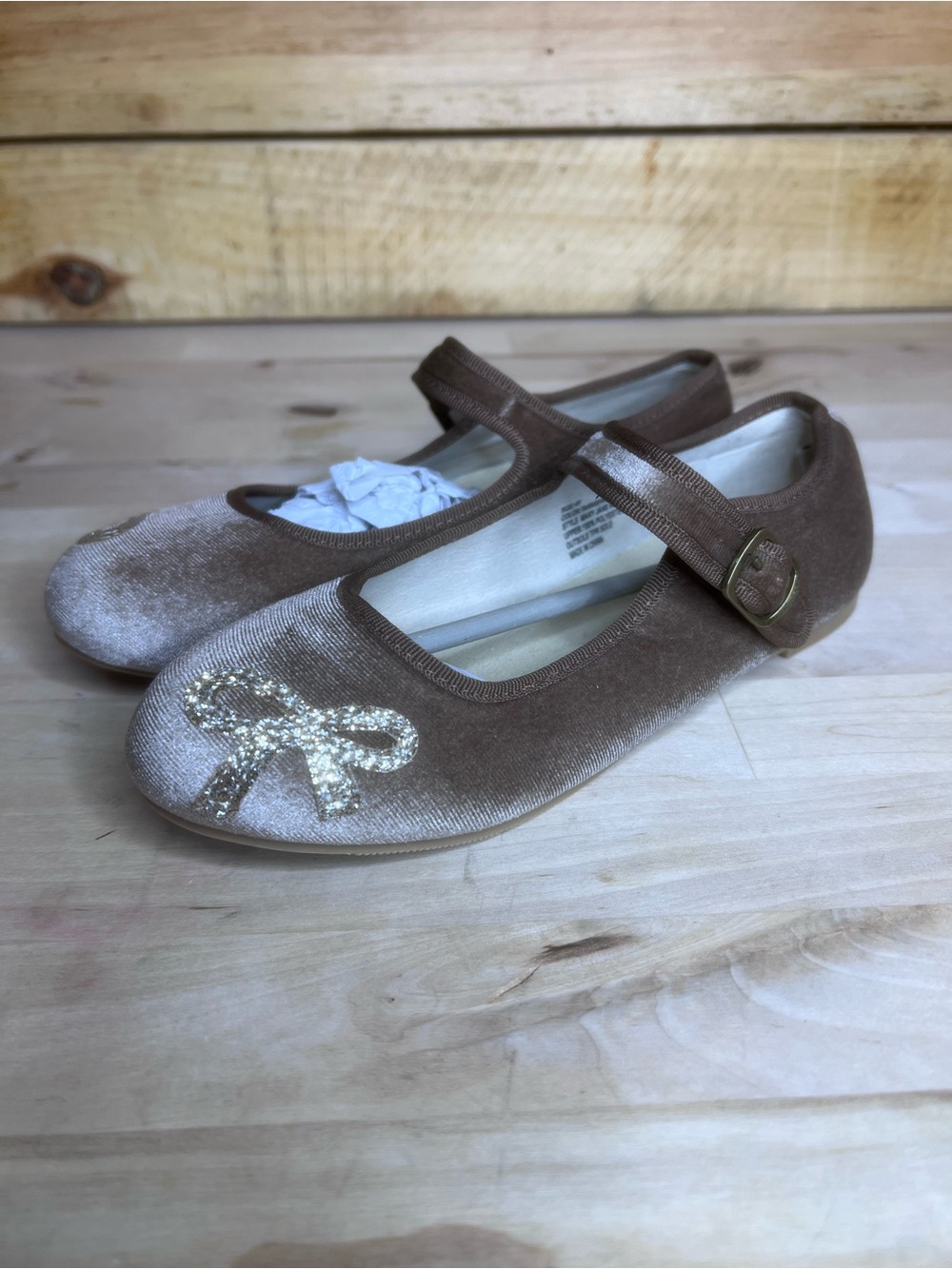 Joyfolie Brown Velvet Mary Jane Shoes with Gold Bow Accent
